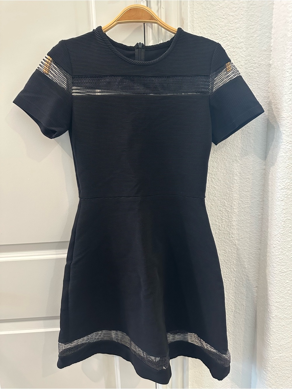 Maje Black Short-Sleeve Mini Dress with Sheer Paneling